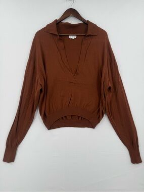 Good American Brown V Neck Collared Sweater Ribbed Pullover Size 3/4